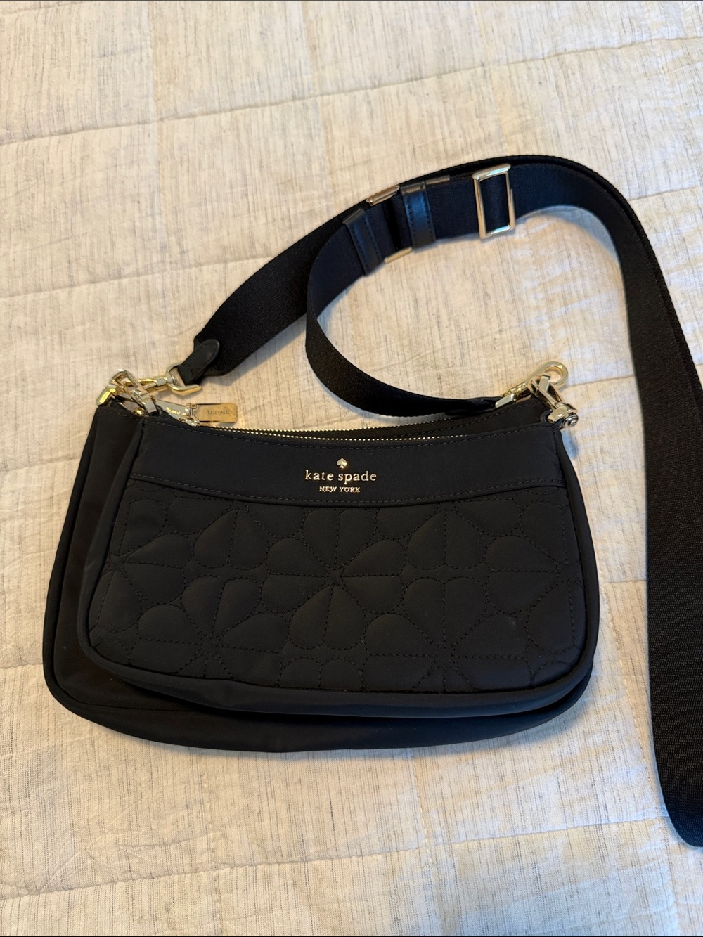 kate spade Black Quilted Floral Nylon Crossbody with Gold Hardware